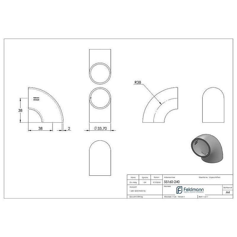 Schweißbogen 90°, 33,7x2,0mm, ungeschliffen, V2A