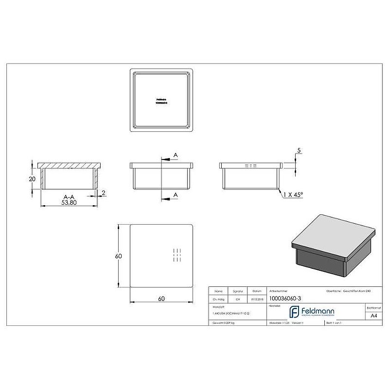 Push-in cap, for tube 60x60x3.0mm, AISI316