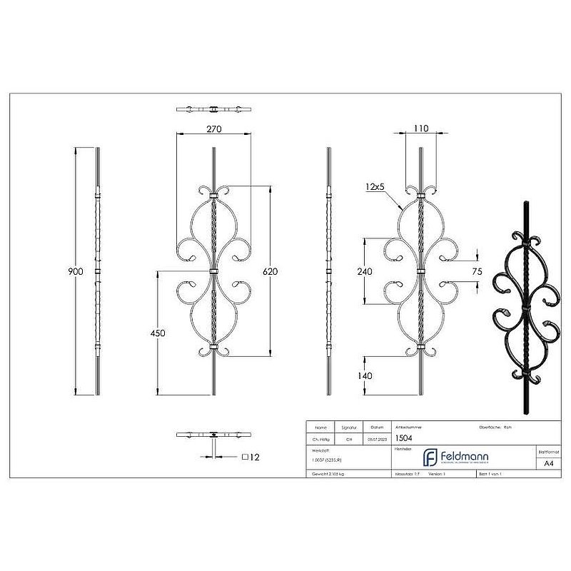 Zierstab 12x12mm, gerillt, Barock, H: 900mm