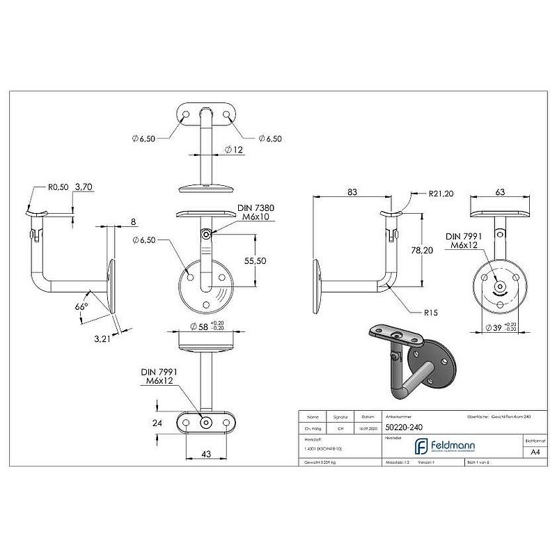 Handrail bracket with joint, handrail connection plate tube 42.4 mm (round plate and bracket screwed