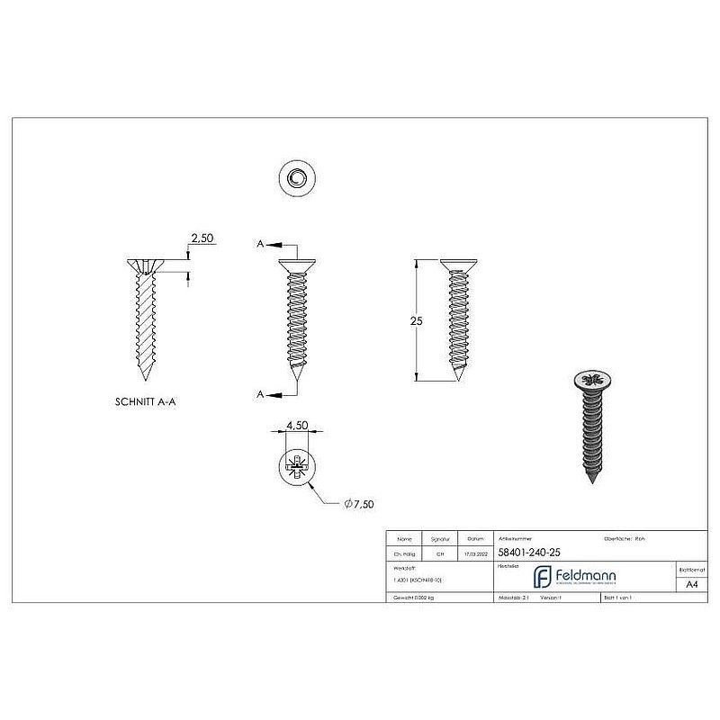 Chipboard screw 4x25 AISI304 ISO 89097