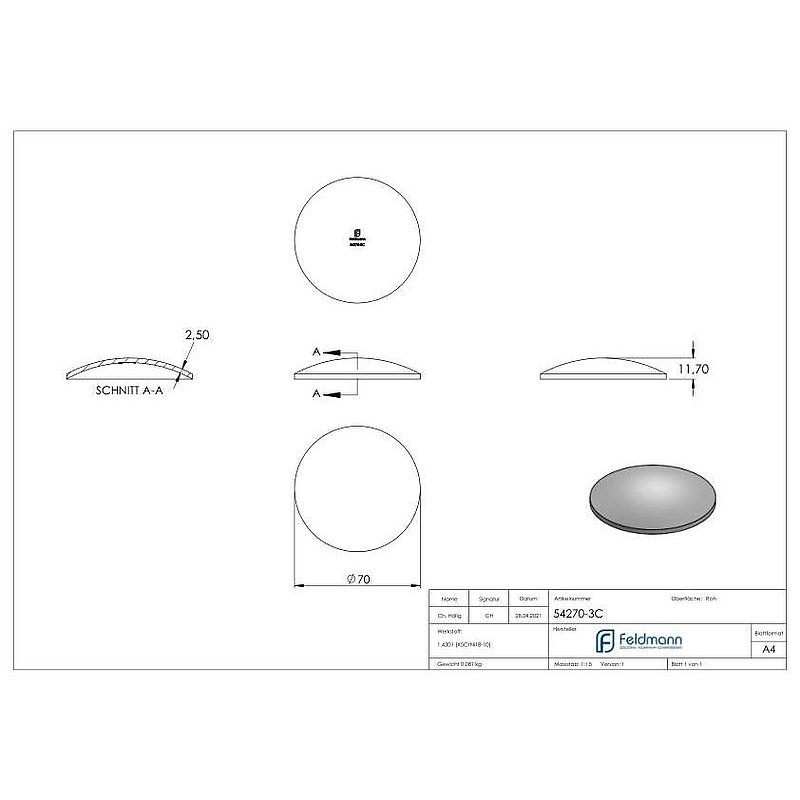 Domed bowl Ø 70x2.5mm, unpolished, AISI304
