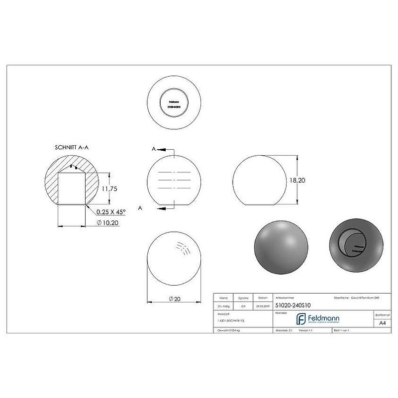 Vollkugel Ø 20mm mit Sackloch 10,2mm, V2A