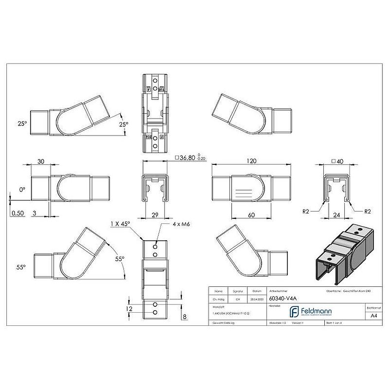 Flexible connector for 40x40mm square groove, AISI316