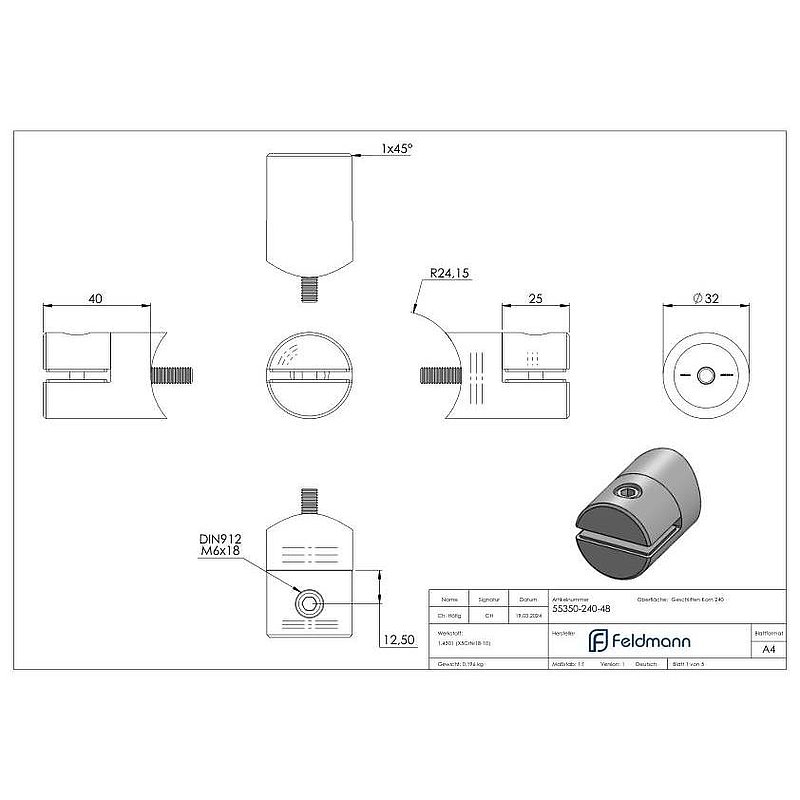 Blechhalter, Ø 32mm, Anschluss: 48,3mm, V2A