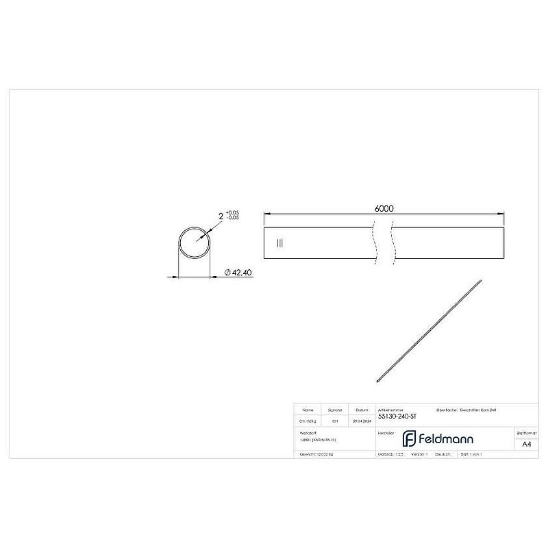 tube 42,4 x 2,0mm, L=6m, satin K240, AISI304