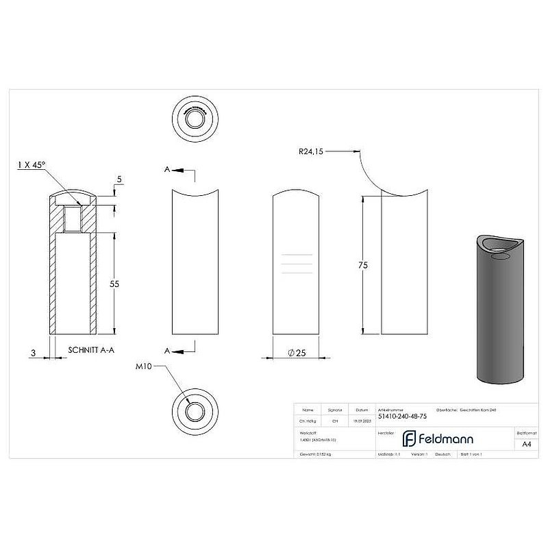 Wandhalter für Rohr 48,3mm, L: 75mm, V2A