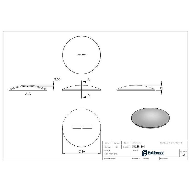 Gewölbte Schale Ø 89x2,5mm, H: 12mm, V2A