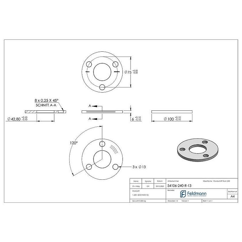 Plaque d'ancrage Ø 100x6mm, avec ponçage circulaire, V2A