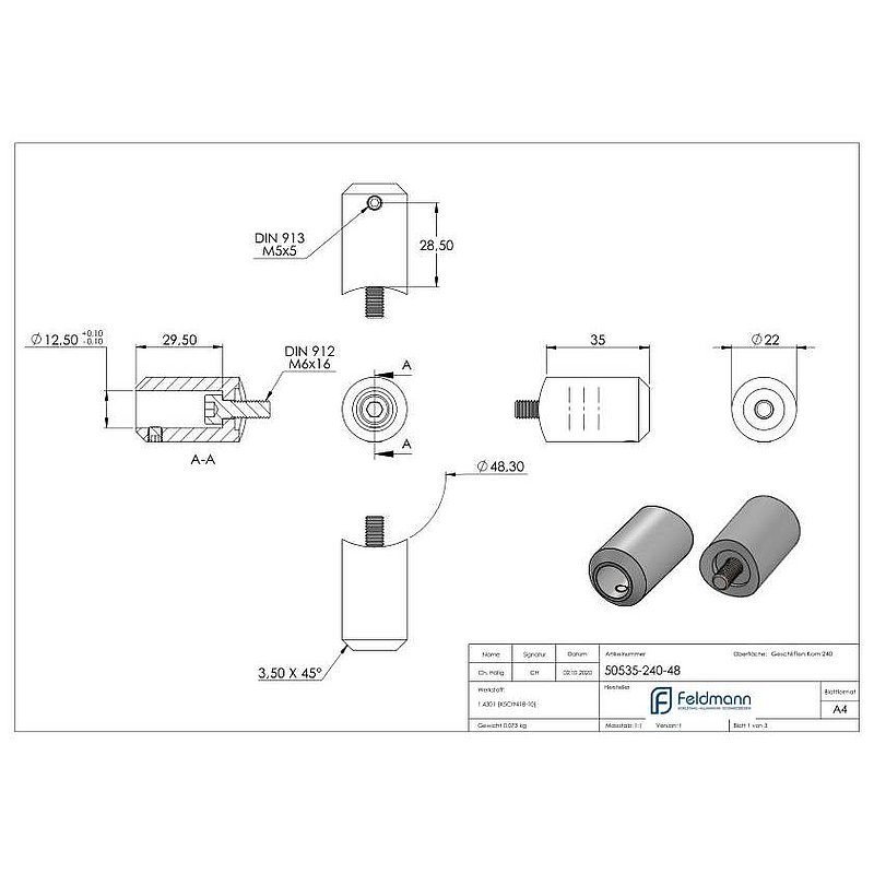 Querstabhalter zum Stoßen, Bohrung Ø 12,5mm, Anschluss 48,3mm, V2A