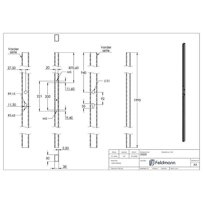 Lock tube 50x30 hinged, L:2000mm