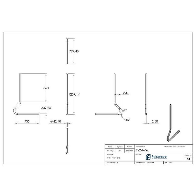 Post bent, made of tube 42.4mmx2.5mm, AISI304