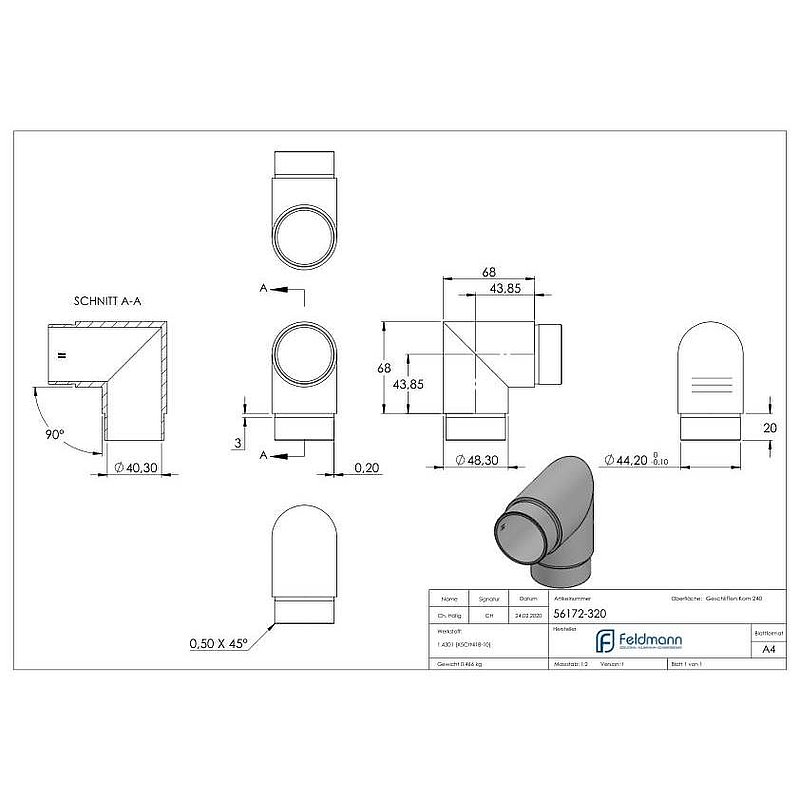Eckstück 90°, für Rohr 48,3x2,0mm, V2A