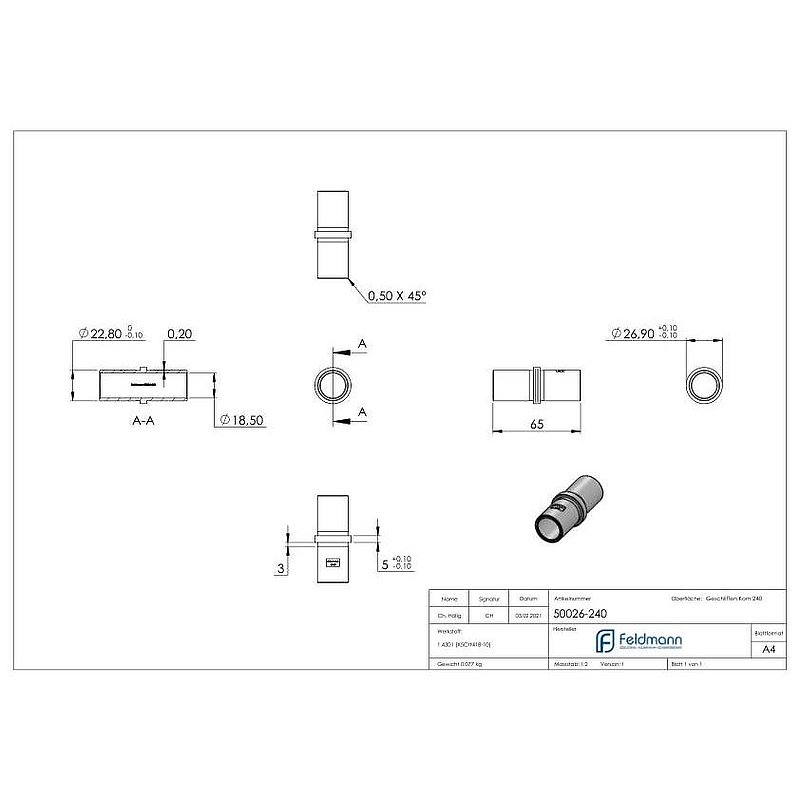 Raccord pour tube Ø 26,9x2,0mm, V2A