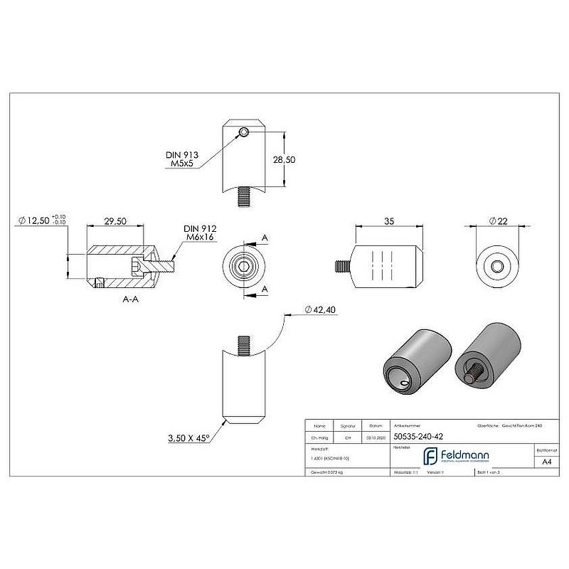 Querstabhalter zum Stoßen, Bohrung Ø 12,5mm, Anschluss 42,4mm, V2A