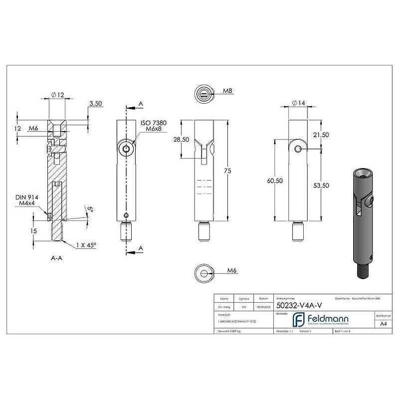 Gelenkstift Ø 14mm, L: 76mm, V4A