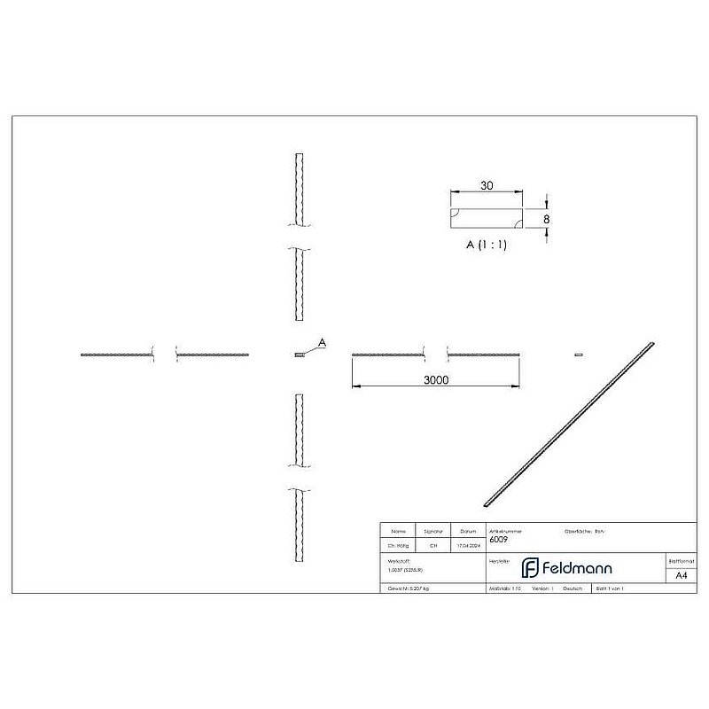 Flacheisen 30x8mm, alle 4 Kanten gehämmert, Länge 3m, S235JR