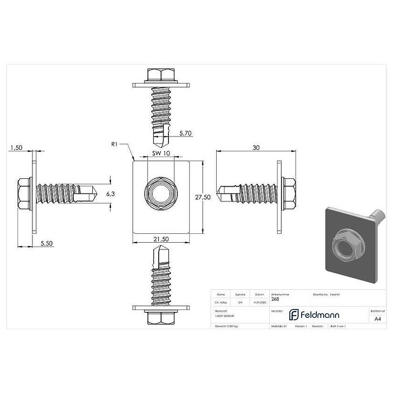 mounting accessories for nylon rack with self-drilling screw, 6 pieces, galvanised