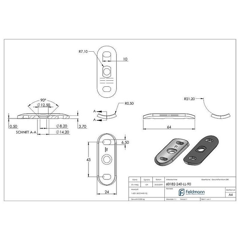 Handrail connection plate, 42.4 mm with slotted holes, AISI304