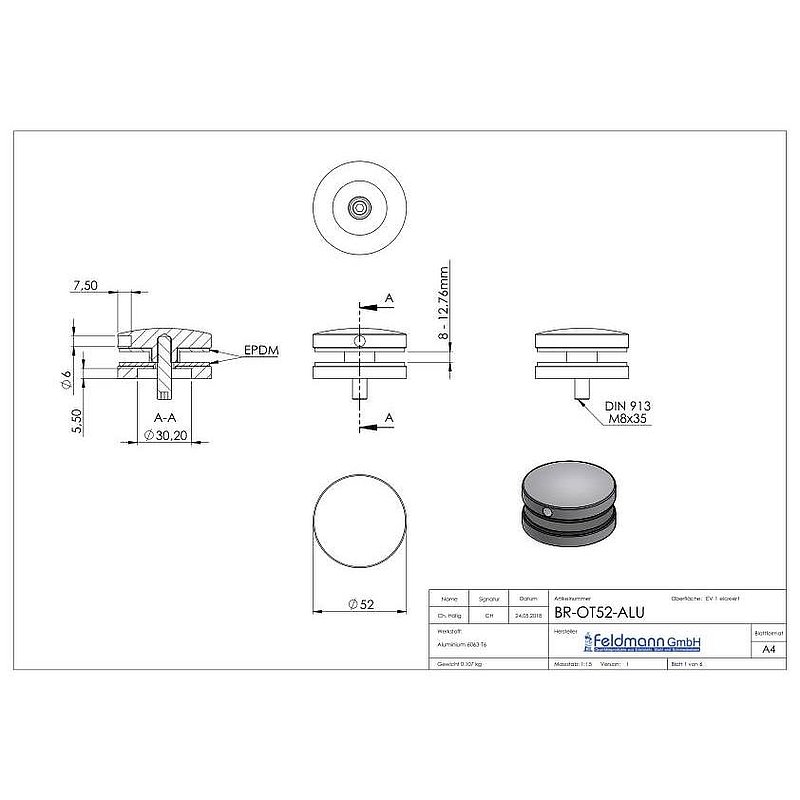 Glaspunkthalter Ø 52 mm, passend zu Brenk-Halter, ALU