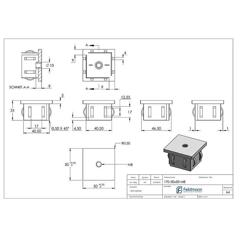 Steel end cap, for square tube 50x50mm