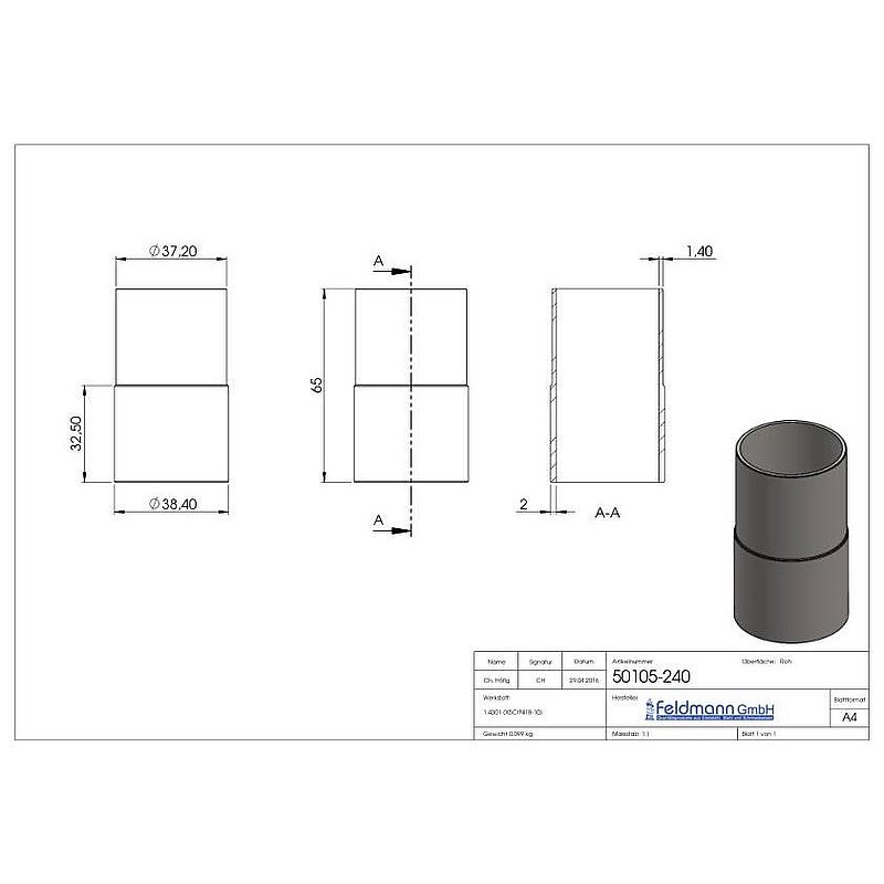 Verbindungsstück von 42,4x2,5mm auf 42,4x2,0mm, V2A