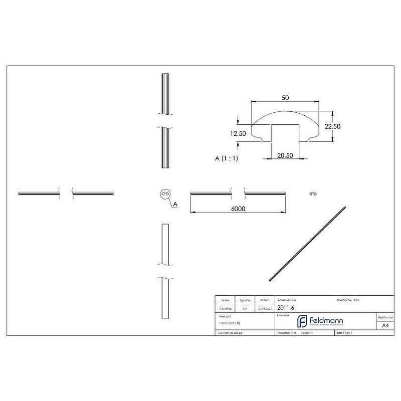 Handlauf 50x22,5mm mit Nut 20,5x12,5mm, L: 6000mm