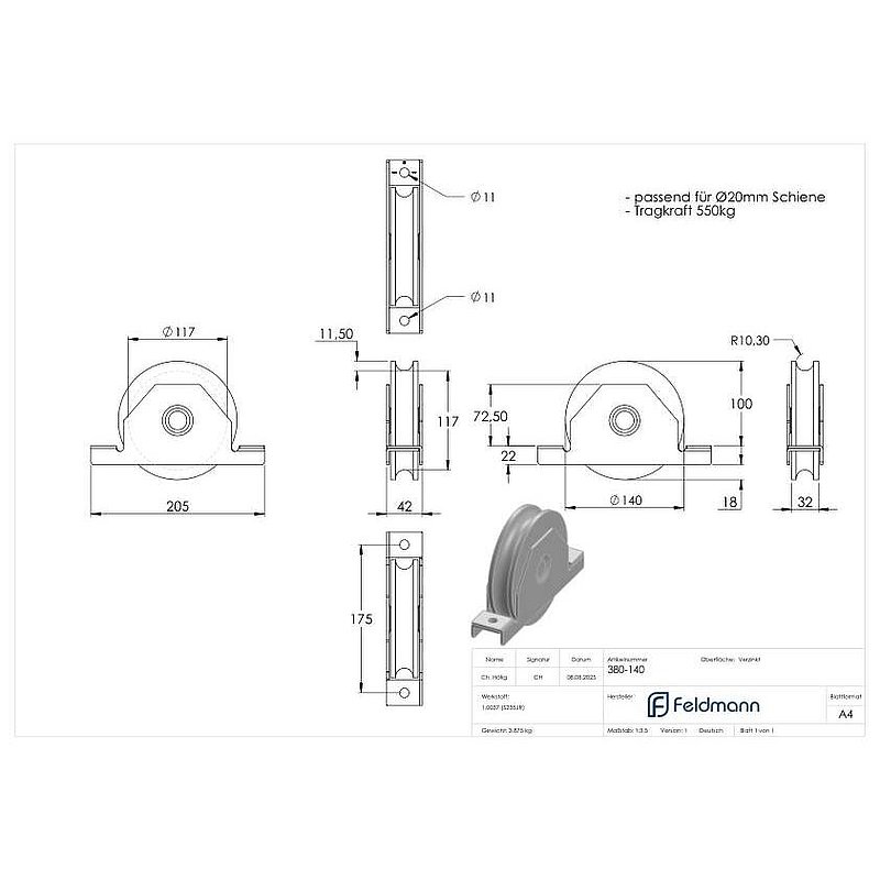 Sliding gate roller with round groove, Ø 140mm, for rail Ø 20mm, 2 ball bearings, galvanised