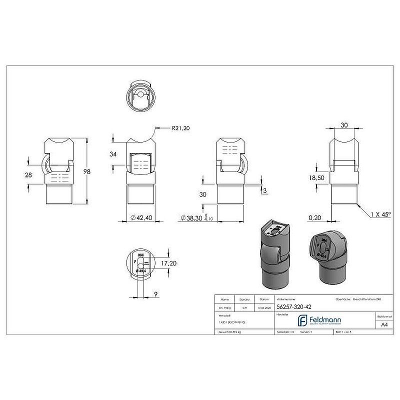 Joint piece, for tube 42.4x2.0mm, AISI304