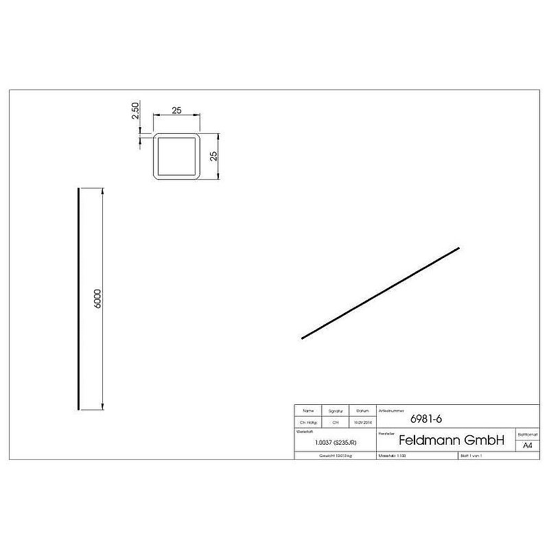 Quadratrohr 25x25x2,5mm, L: 6000mm, gehämmert