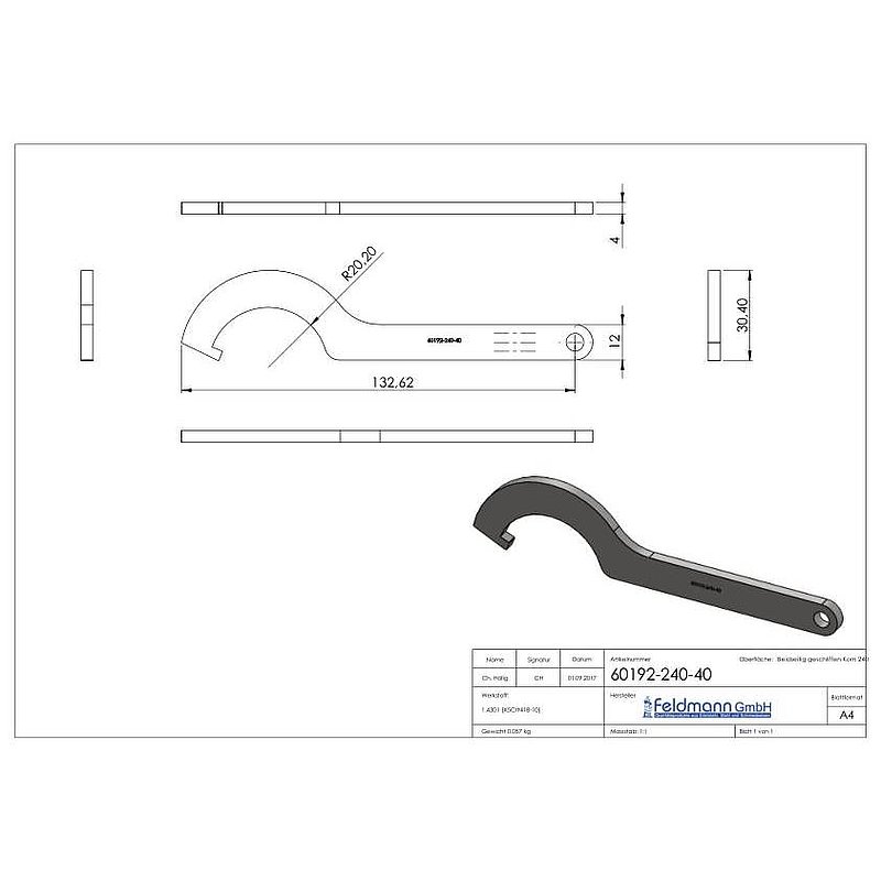 Open-end spanner for point glass holder 40mm, AISI304