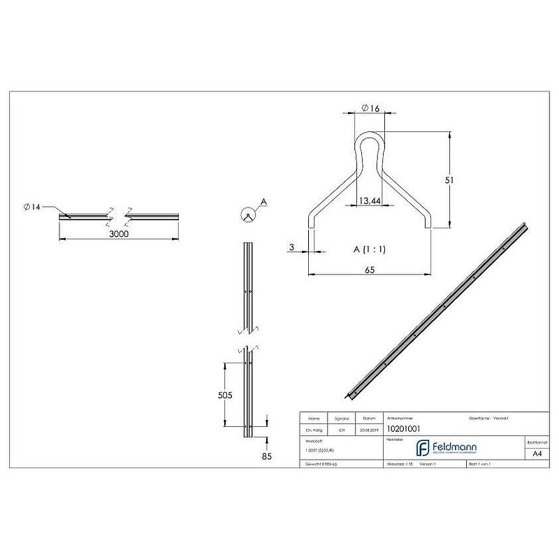 Laufschiene 16mm, L: 3000mm zum Einbetonieren