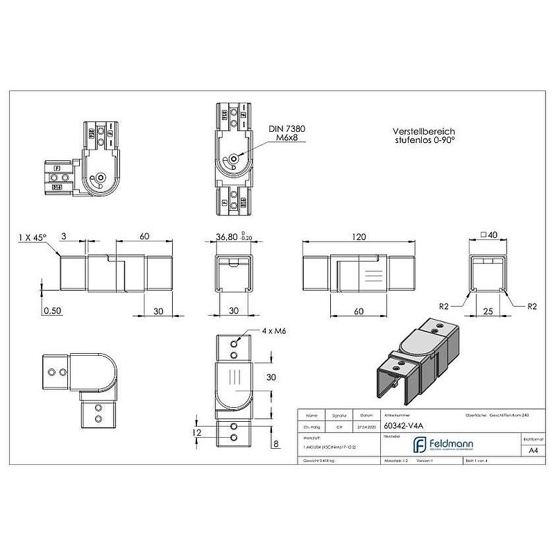 Flexible connector for 40x40mm square groove, AISI316