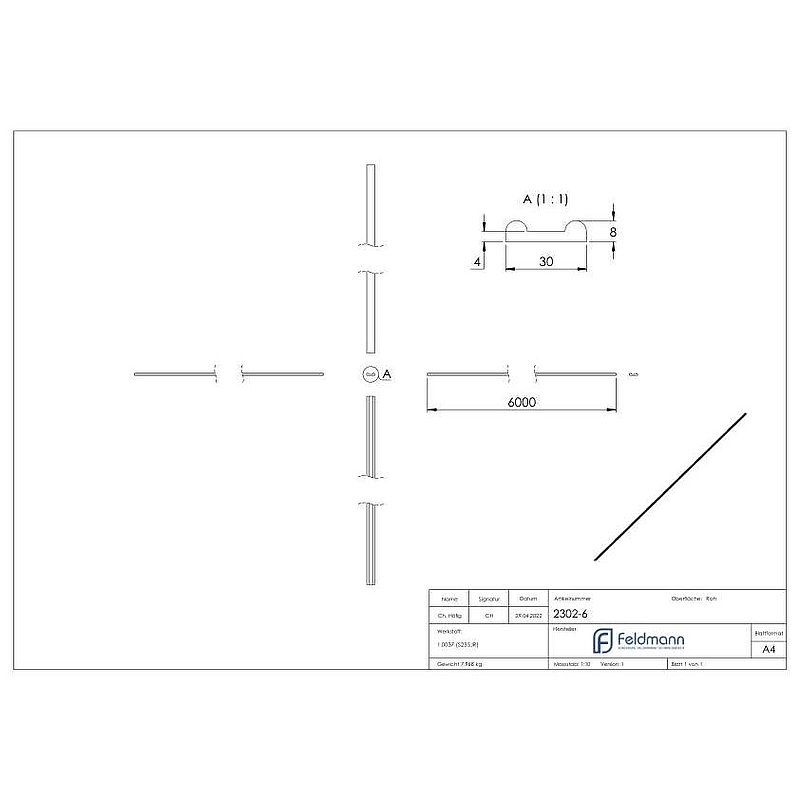 Hespeneisen S235JR, 30x8x4mm, L: 6000mm
