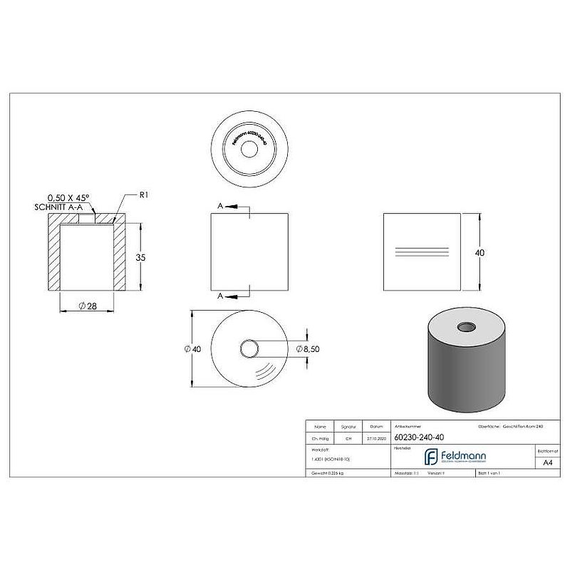 Unterteil Ø 40mm, mit Durchgangsbohrung , t: 40mm, V2A