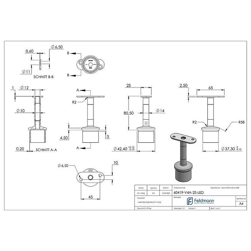 Tube end plug with pin for LED handrail, AISI316
