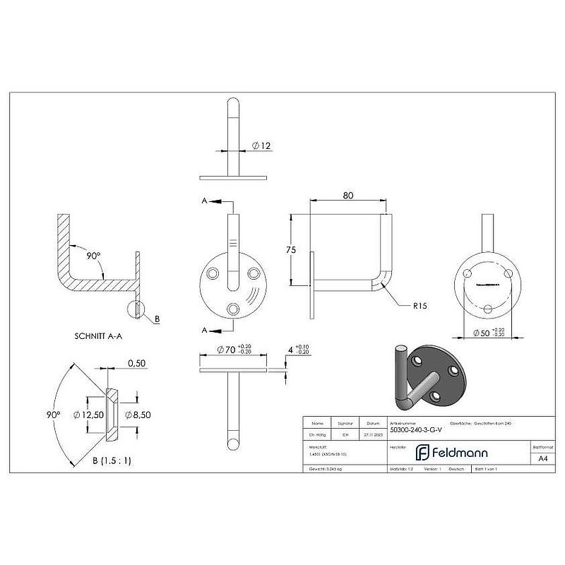Handrail bracket for welding (round plate and bracket welded), AISI304
