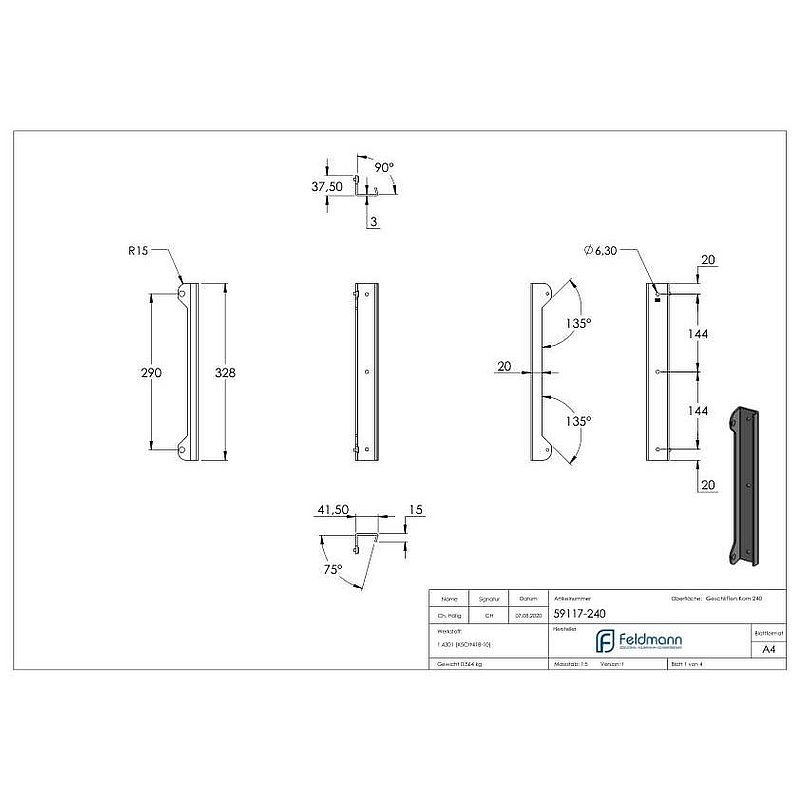 Stop plate with rubber buffer made of stainless steel, 37.5x41.5x328mm, AISI304