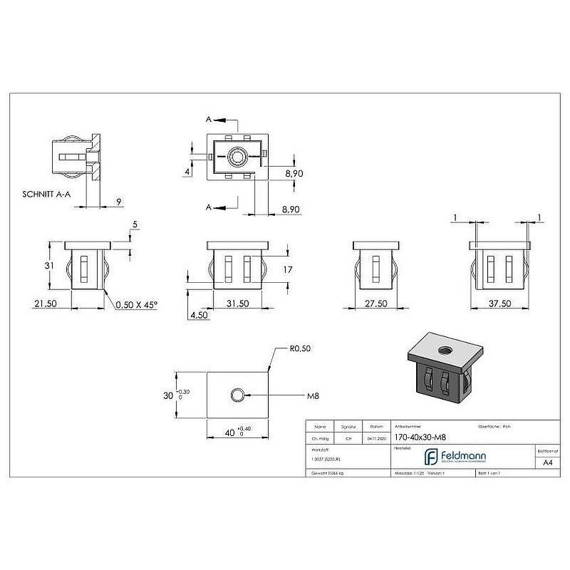 Steel end cap, for, rectangular tube 40x30mm