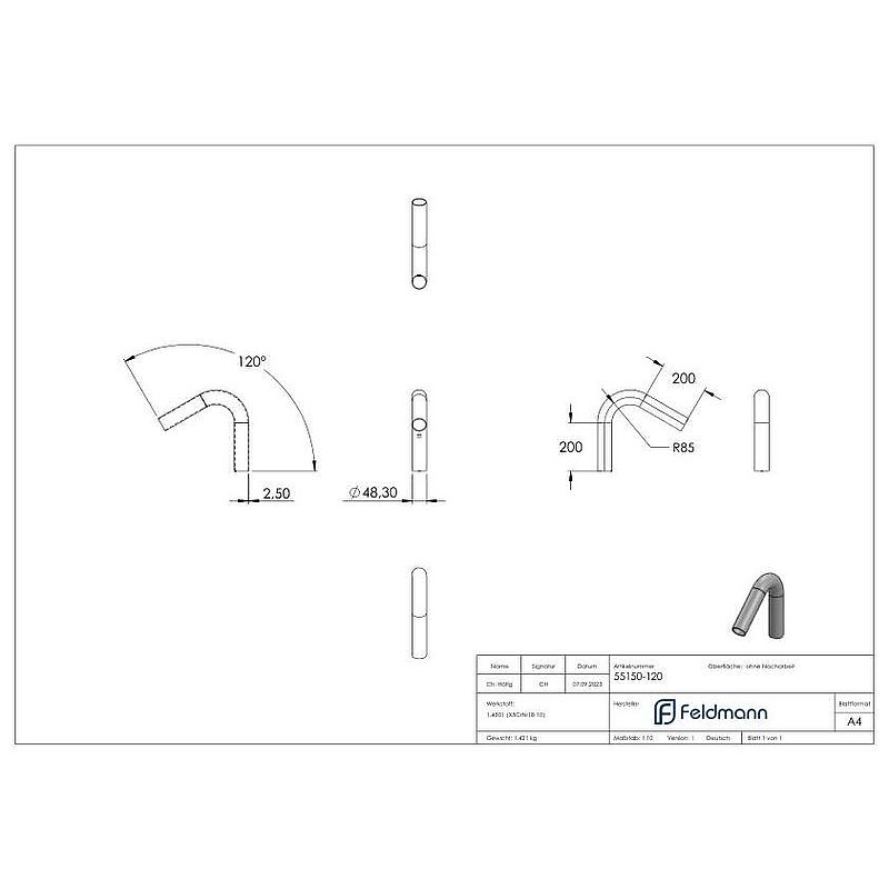 Tube bend 120°, made of 48.3x2.5mm tube, AISI304