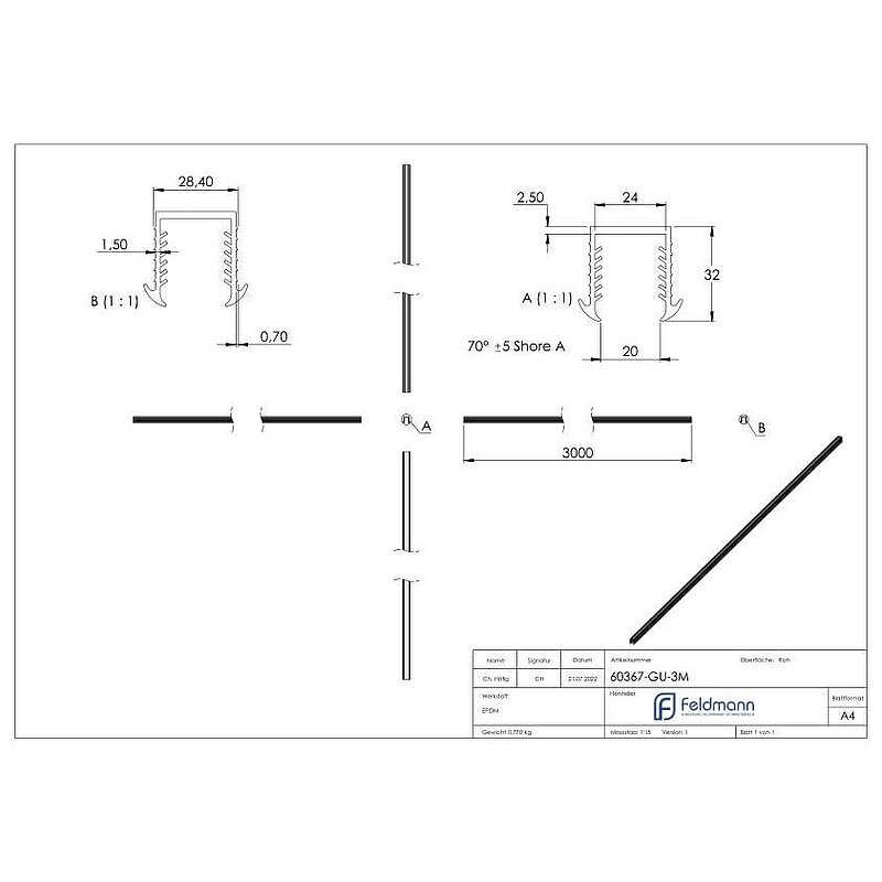 Cale caoutchouc pour verre 20,76 – 21,52mm, pour rainure 27x30mm, 3000mm