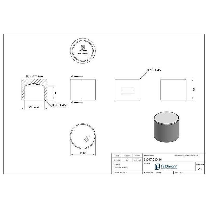 Endkappe für 14mm Rundmaterial, V2A