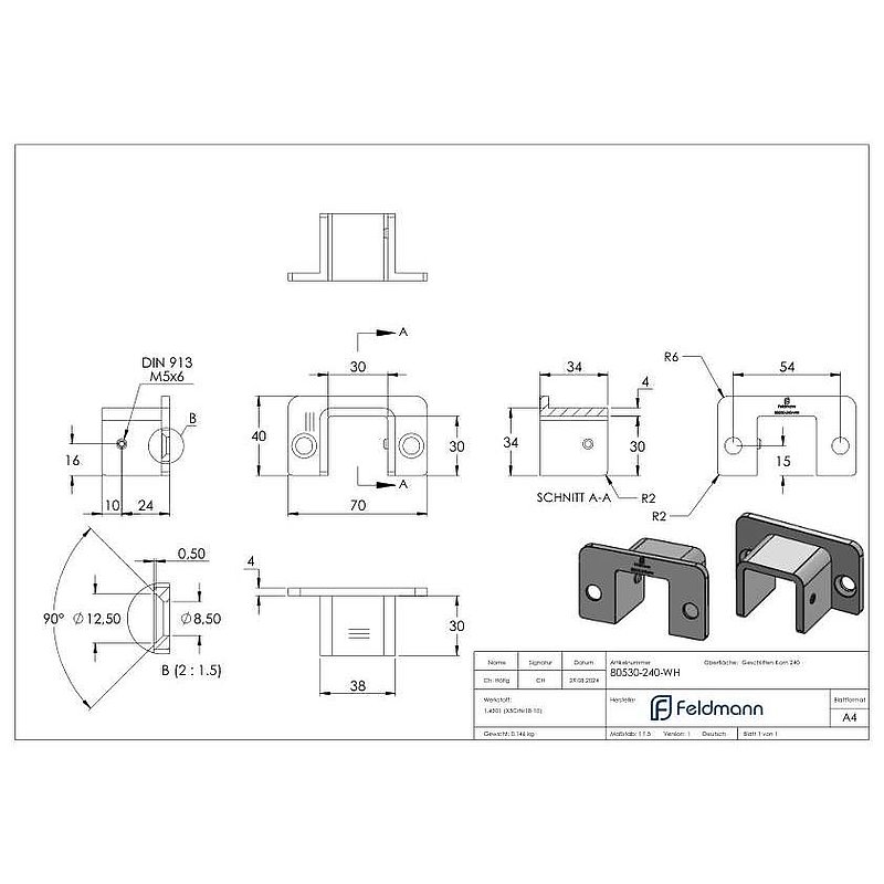 Wandhalterung für Edelstahl-U-Profil 80530-XXX, V2A