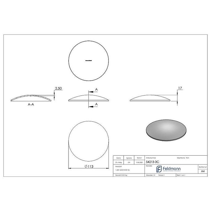 Domed bowl Ø 113x2.5mm, AISI304