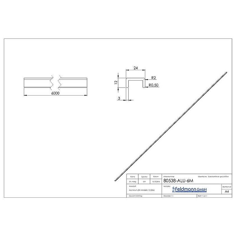 Aluminium-U-Profil, 24x12x3mm, L: 6000mm