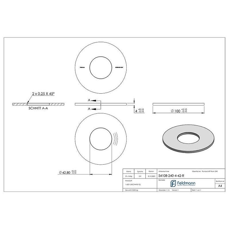 Ankerplatte Ø 100x4mm, mit Rundschliff, V2A