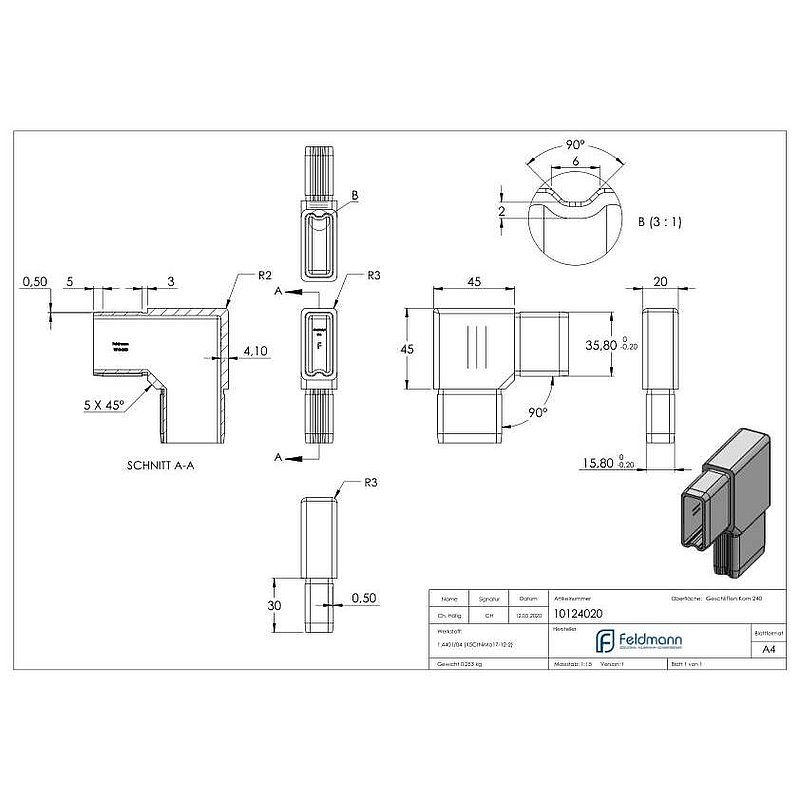Raccord à 90° pour tube 40x20x2,0mm, V4A
