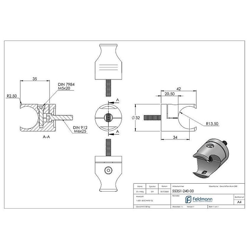 Holder for round clamping profile 27mm Connection: straight, AISI304
