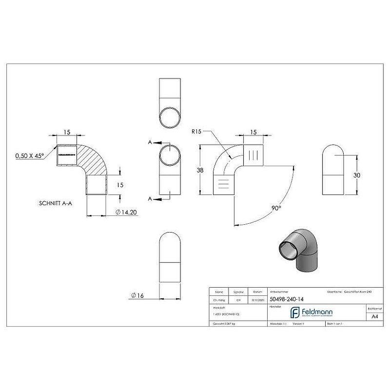 Raccord de barre pour barre ronde Ø 14mm, coudé à 90°, V2A