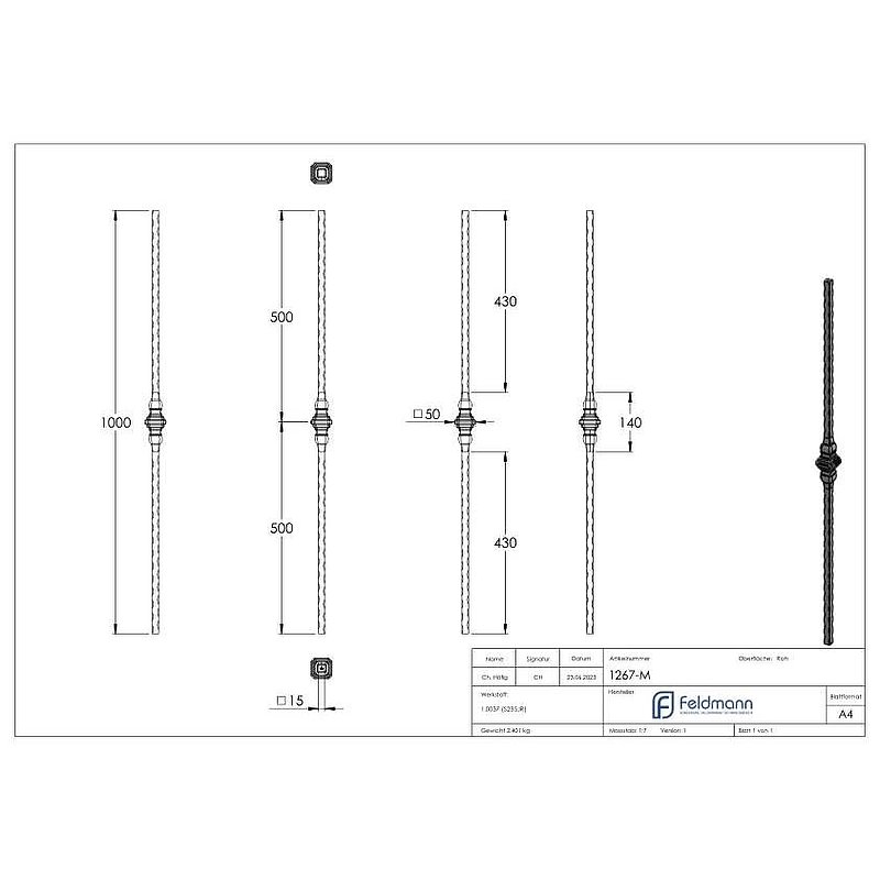Zierstab, 15x15mm, Schmiedeteil mittig, H: 1000mm